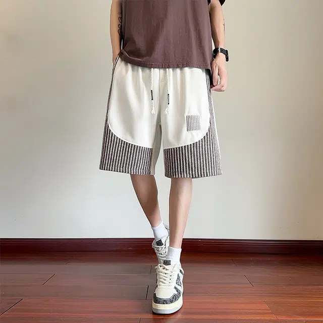 北欧攻略 日系宽松条纹拼色五分裤街头百搭时尚舒适透气休闲短裤 男女同款