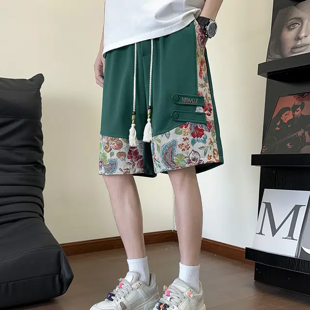 北欧攻略 夏季美式高街五分裤字母绣花拼接撞色植物元素潮牌品质透气大码休闲短裤 男女同款