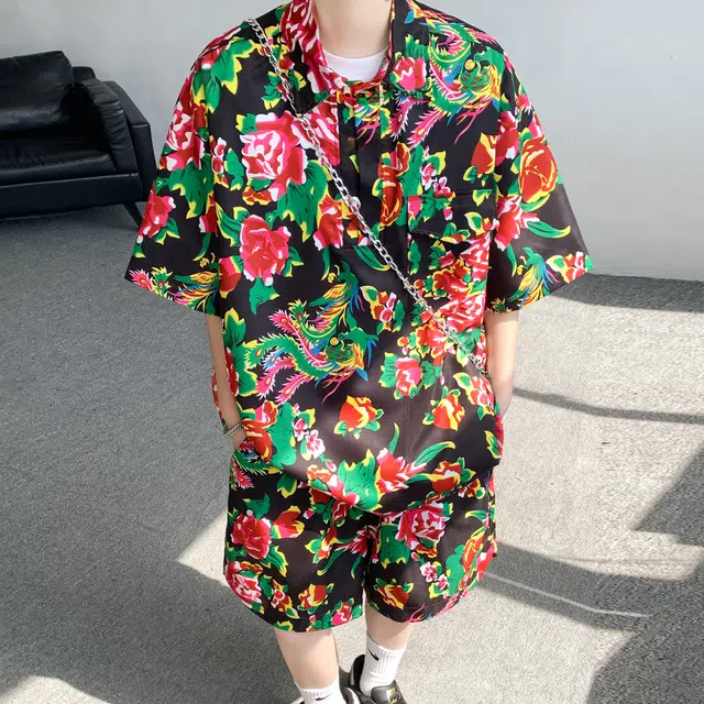 零氏 东北大花风格痞帅速干服饰衣大码宽松薄款五分裤痞帅翻领短袖休闲运动套装 男女同款