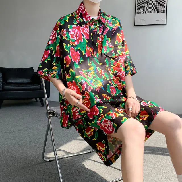 零氏 东北大花风格痞帅速干服饰衣大码宽松薄款五分裤痞帅翻领短袖休闲运动套装 男女同款