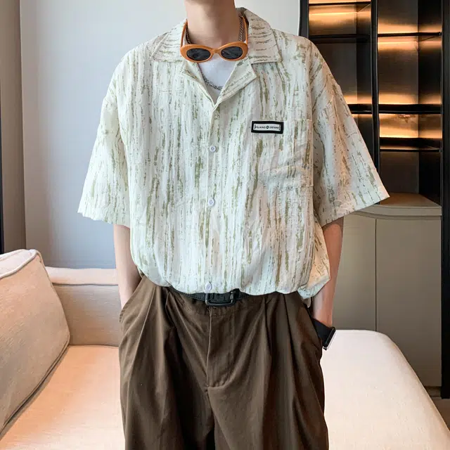 北欧攻略 美式高级感条纹碎花小清新少年感垂感舒适亲肤透气短袖衬衣外套宽松大码加肥加大休闲通勤痞帅翻领衬衫 男女同款