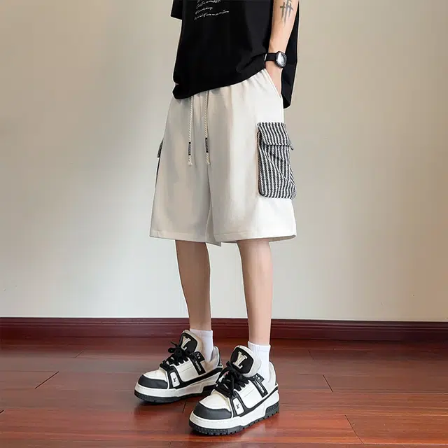北欧攻略 日系夏季男士工装大口带五分裤子条纹宽松运动潮牌舒适透气大码休闲短裤 男款