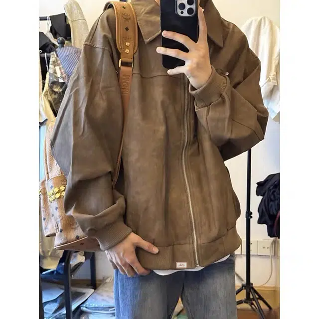 北欧攻略 美式秋冬翻领外套防风防水美拉德高级感痞帅夹克皮衣 男女同款