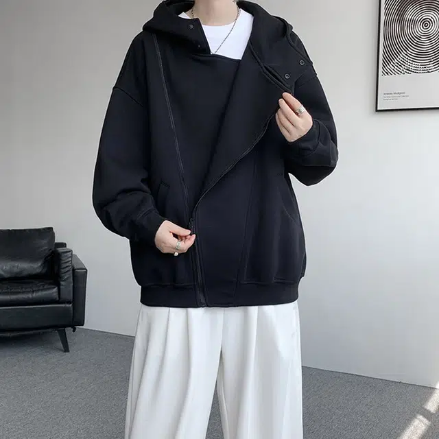 北欧攻略 美式重磅解构双拉链开衫宽松大码胖人连帽通勤百搭小众长袖卫衣 男女同款