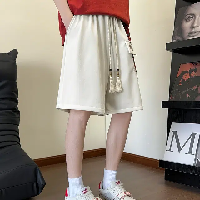 北欧攻略 夏季美式复古拼接字母绣花五分裤透气大码系带直筒休闲短裤 男女同款