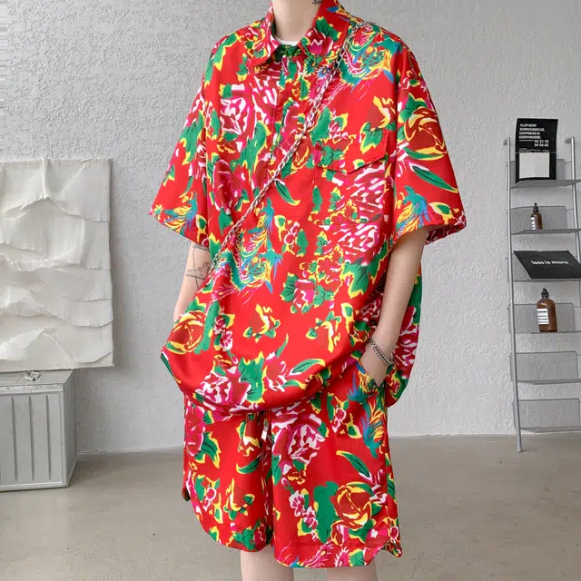 零氏 东北大花风格痞帅速干服饰衣大码宽松薄款五分裤痞帅翻领短袖休闲运动套装 男女同款