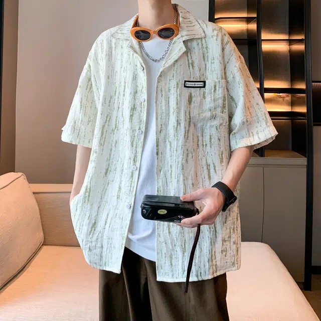 北欧攻略 美式高级感条纹碎花小清新少年感垂感舒适亲肤透气短袖衬衣外套宽松大码加肥加大休闲通勤痞帅翻领衬衫 男女同款
