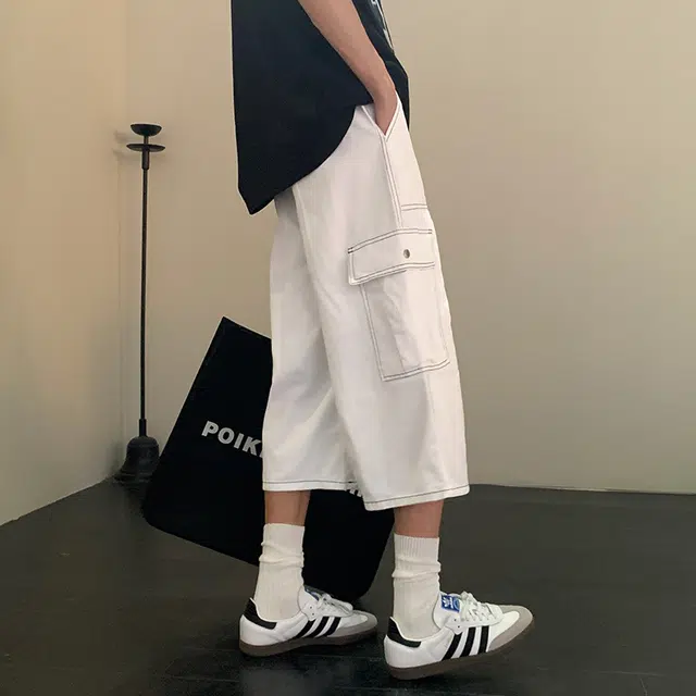 北欧攻略 美式复古多口袋明线工装直筒七分裤痞帅松弛少年感休闲短裤 男女同款