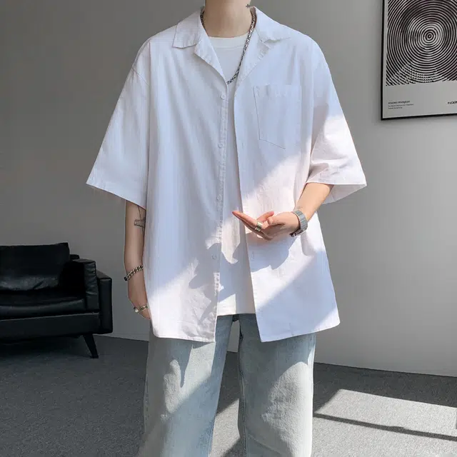 北欧攻略 基础款垂感飘逸顺滑轻薄舒适休闲通勤百搭翻领短袖衬衫 男女同款