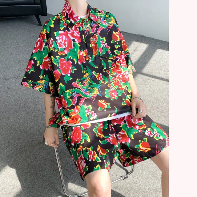 零氏 东北大花风格痞帅速干服饰衣大码宽松薄款五分裤痞帅翻领短袖休闲运动套装 男女同款
