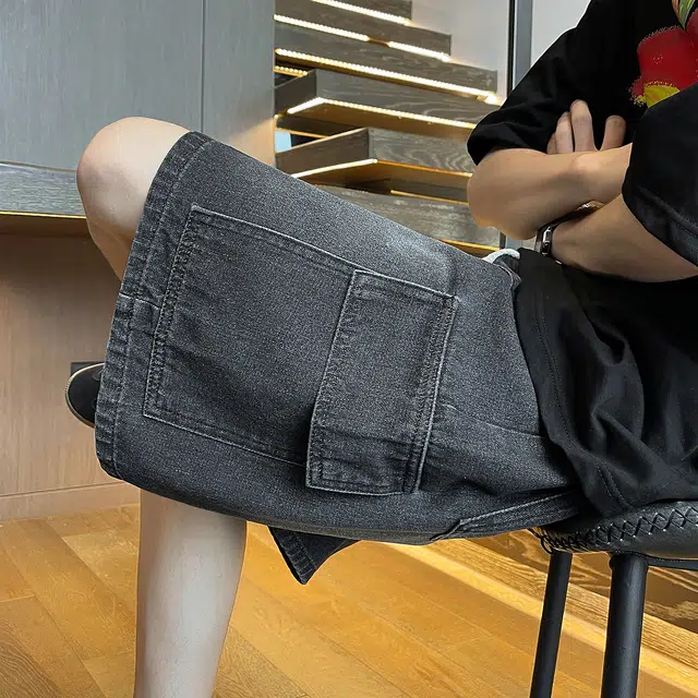 北欧攻略 美式高街复古水洗磨白做旧工装风侧袋设计五分裤舒适透气凉感牛仔短裤 男女同款