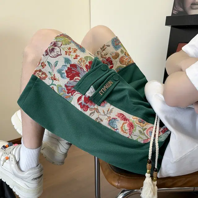 北欧攻略 夏季美式高街五分裤字母绣花拼接撞色植物元素潮牌品质透气大码休闲短裤 男女同款