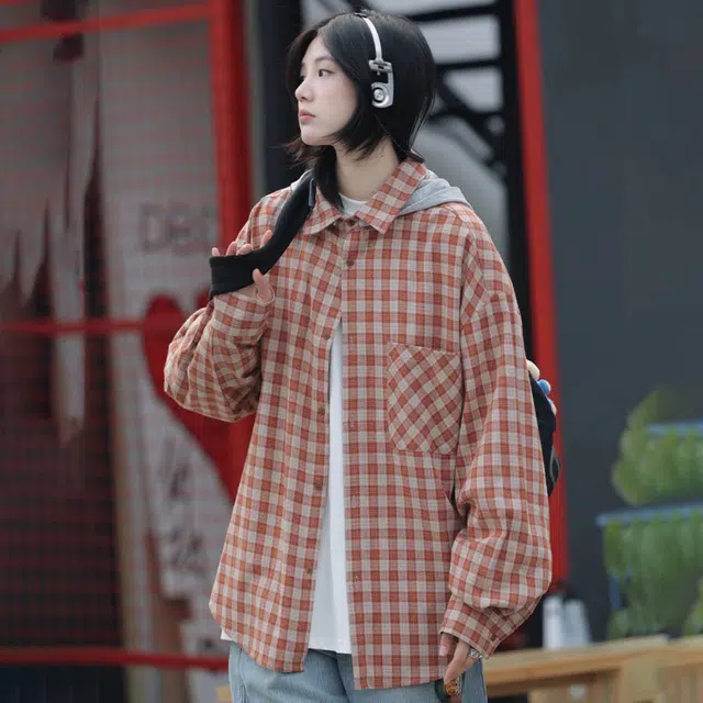 北欧攻略 美式复古慵懒街头风连帽格纹显瘦松弛感初秋衬衣外套可拆卸帽长袖衬衫 男女同款