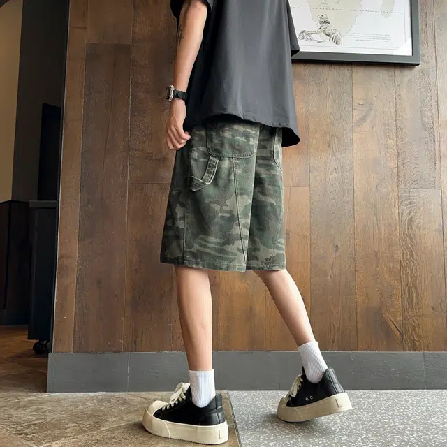 北欧攻略 美式复古迷彩水洗牛仔五分裤舒适透气痞帅设计感解构休闲短裤 男女同款