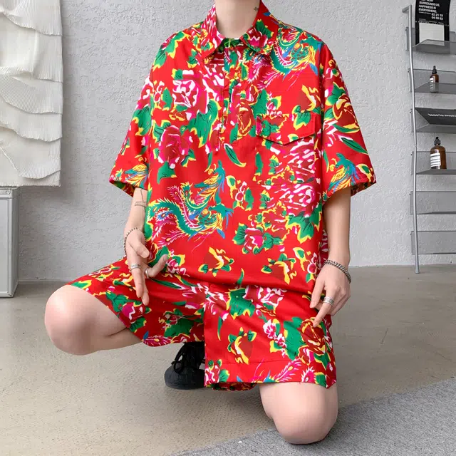 零氏 东北大花风格痞帅速干服饰衣大码宽松薄款五分裤痞帅翻领短袖休闲运动套装 男女同款