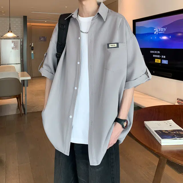 北欧攻略 日系松弛感垂感飘逸顺滑高级感薄款透气衬衣外套宽松大码休闲通勤痞帅少年感极简风百搭短袖衬衫 男女同款