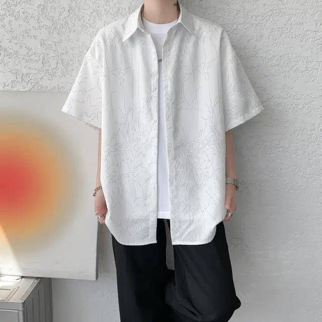 北欧攻略 高品质裂纹印花垂感顺滑飘逸亲肤透气松弛感痞帅宽松特大码胖人休闲通勤显瘦翻领短袖衬衫 男女同款