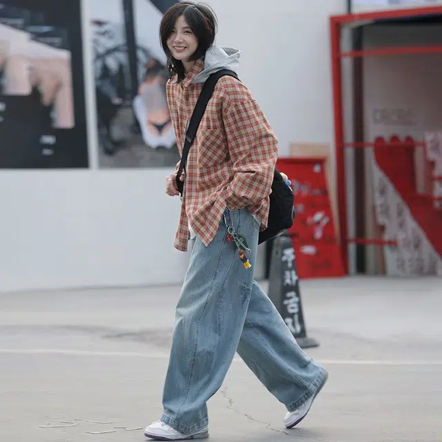 北欧攻略 美式复古慵懒街头风连帽格纹显瘦松弛感初秋衬衣外套可拆卸帽长袖衬衫 男女同款