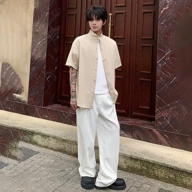 北欧攻略 小众设计夏季薄款冰丝肌理感棉麻衬衣休闲半袖老钱风外套新中式立领休闲舒适短袖衬衫 男女同款