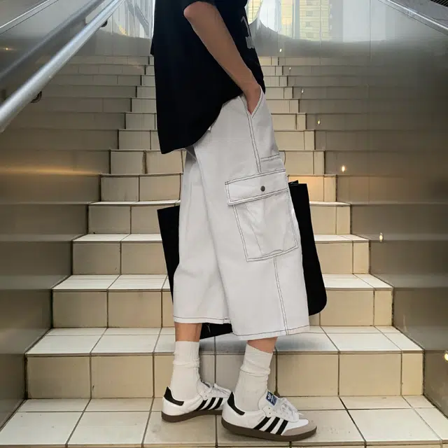 北欧攻略 美式复古多口袋明线工装直筒七分裤痞帅松弛少年感休闲短裤 男女同款
