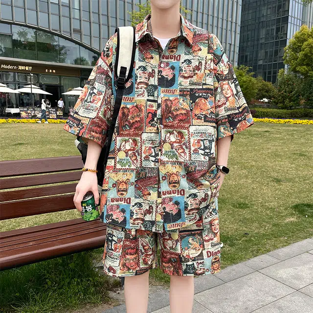 北欧攻略 美式复古休闲宽松创意图案海边沙滩运动痞帅轻薄透气衬衫套装 男女同款