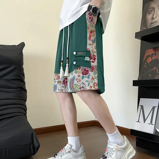北欧攻略 夏季美式高街五分裤字母绣花拼接撞色植物元素潮牌品质透气大码休闲短裤 男女同款