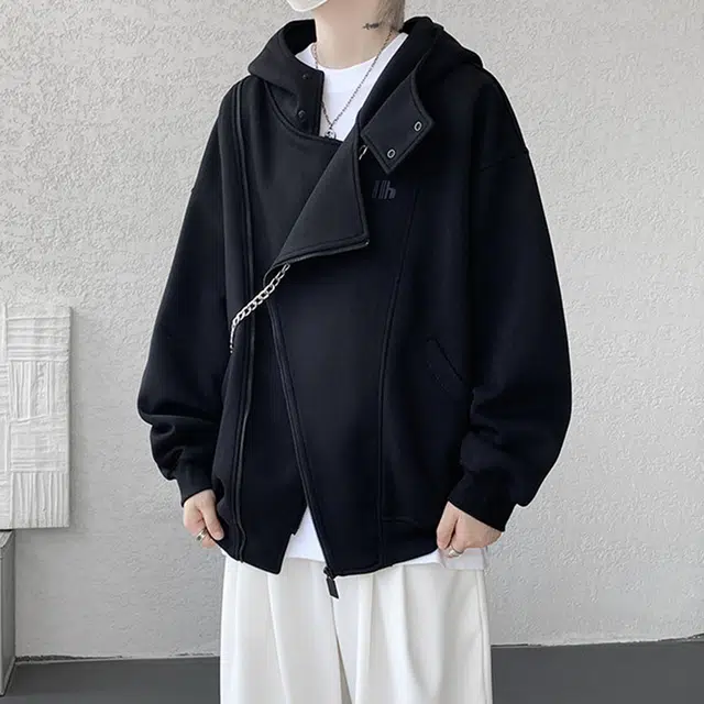 北欧攻略 美式重磅解构双拉链开衫宽松大码胖人连帽通勤百搭小众长袖卫衣 男女同款