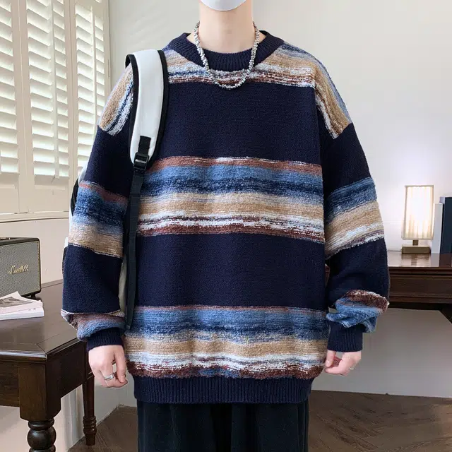 北欧攻略 新中式重磅个性星球环风格百搭圆领潮流宽松拼色保暖休闲条纹打底长袖针织衫 男女同款