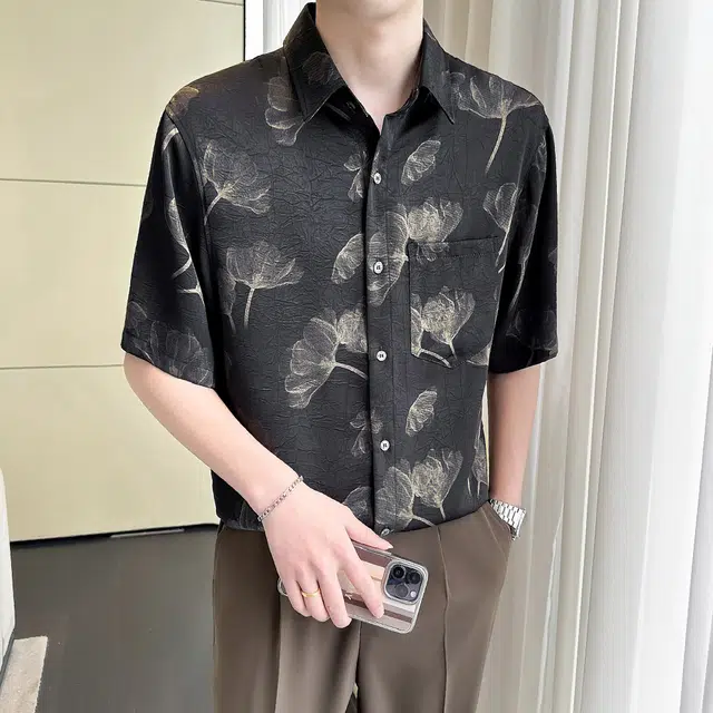 北欧攻略 高级感轻熟风冰丝缎面抓花烫金工艺冰丝中袖衬衣外套垂感亲肤舒适顺滑翻领短袖衬衫 男女同款