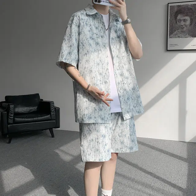 北欧攻略 垂感顺滑飘逸高级感舒适亲肤透气扎染短袖衬衣外套痞帅松弛感显瘦休闲通勤搭配五分裤懒人免搭一套衬衫套装 男女同款