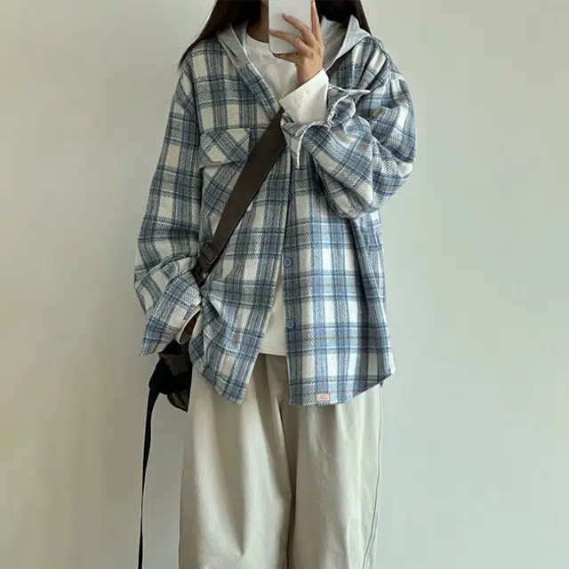 北欧攻略 韩系简约磨毛蓝格子连帽日系高级感宽松休闲长袖上衣外套复古秋冬衬衫 男女同款