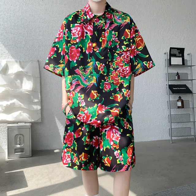 零氏 东北大花风格痞帅速干服饰衣大码宽松薄款五分裤痞帅翻领短袖休闲运动套装 男女同款