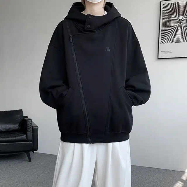 北欧攻略 美式重磅解构双拉链开衫宽松大码胖人连帽通勤百搭小众长袖卫衣 男女同款