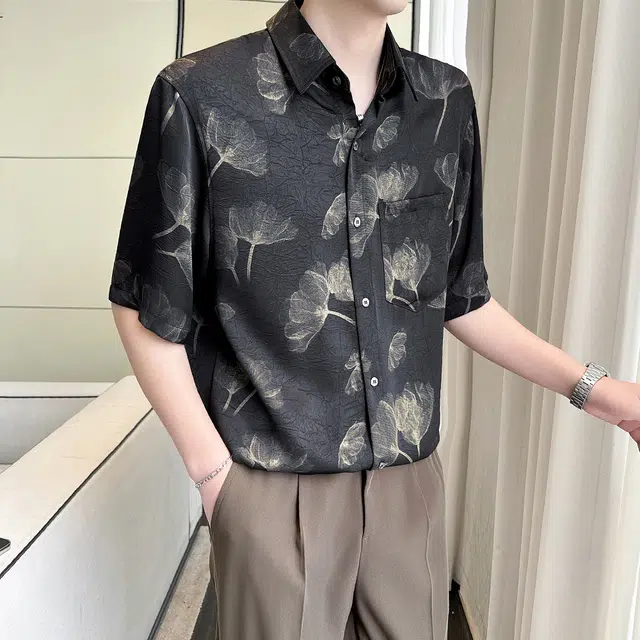 北欧攻略 高级感轻熟风冰丝缎面抓花烫金工艺冰丝中袖衬衣外套垂感亲肤舒适顺滑翻领短袖衬衫 男女同款