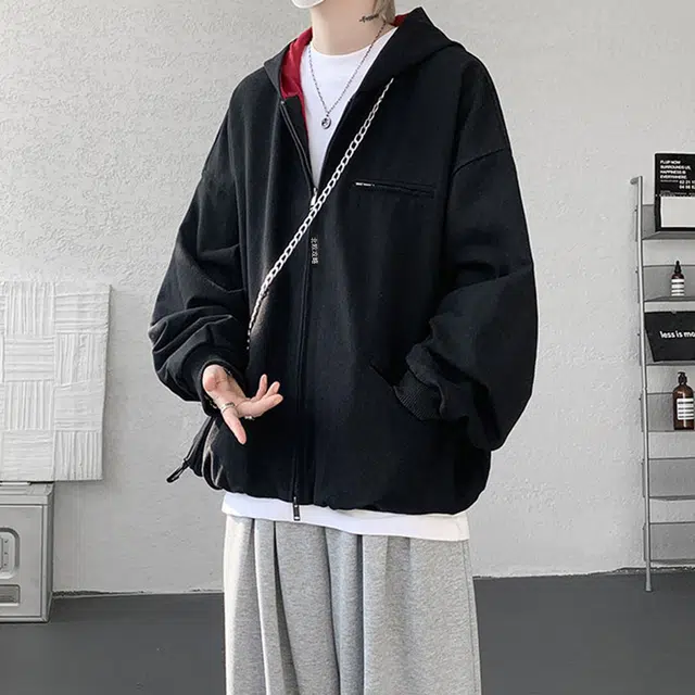 北欧攻略 美式复古撞色水洗底特律慵懒风连帽宽松大码小众高级感双拉链夹克外套 男女同款