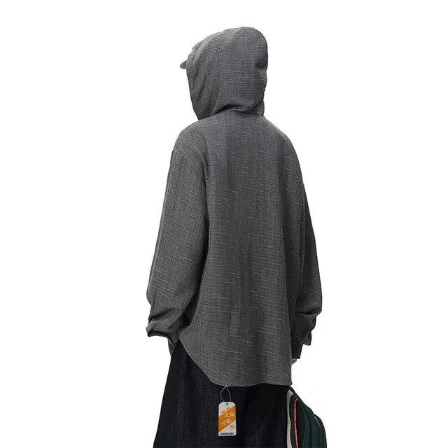 北欧攻略 北欧格纹漫游灰调连帽廓形衬衫 男女同款