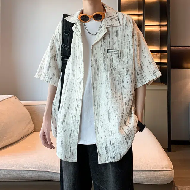 北欧攻略 美式高级感条纹碎花小清新少年感垂感舒适亲肤透气短袖衬衣外套宽松大码加肥加大休闲通勤痞帅翻领衬衫 男女同款