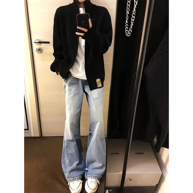 北欧攻略 秋冬重磅高品质美式正肩慵懒风针织衫开衫拉链外套痞帅高级感宽松大码显瘦极简风纯色百搭休闲外穿毛线衣情侣学生毛衣 男女同款