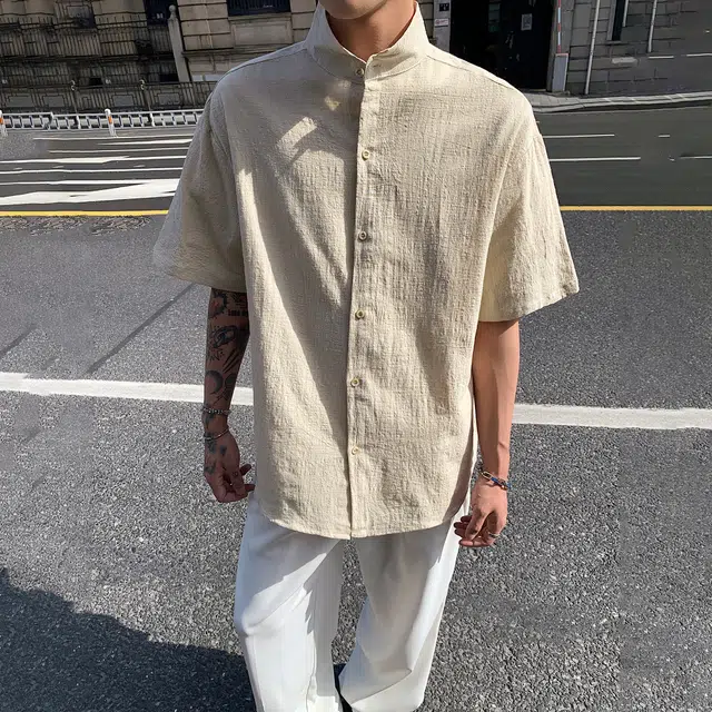 北欧攻略 小众设计夏季薄款冰丝肌理感棉麻衬衣休闲半袖老钱风外套新中式立领休闲舒适短袖衬衫 男女同款