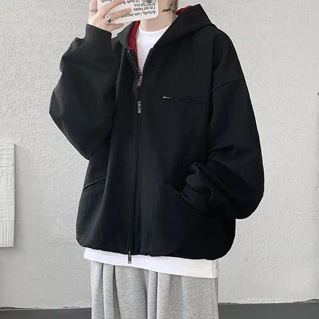 北欧攻略 美式复古撞色水洗底特律慵懒风连帽宽松大码小众高级感双拉链夹克外套 男女同款