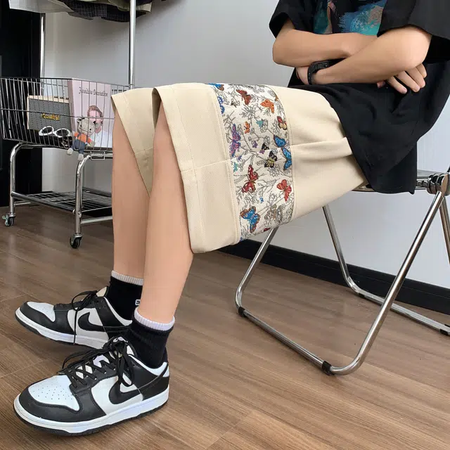 北欧攻略 中国风刺绣拼接设计感轻薄柔软舒适透气痞帅直筒五分裤宽松大码运动跑步休闲短裤 男女同款