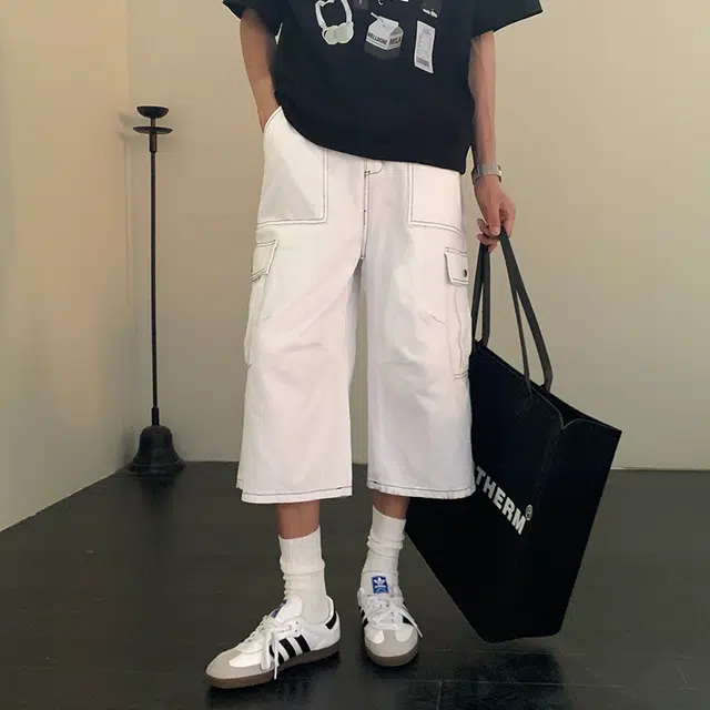 北欧攻略 美式复古多口袋明线工装直筒七分裤痞帅松弛少年感休闲短裤 男女同款