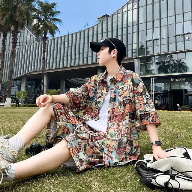 北欧攻略 美式复古休闲宽松创意图案海边沙滩运动痞帅轻薄透气衬衫套装 男女同款