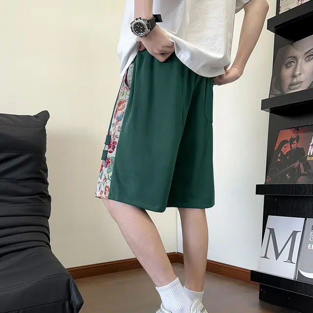 北欧攻略 夏季美式高街五分裤字母绣花拼接撞色植物元素潮牌品质透气大码休闲短裤 男女同款
