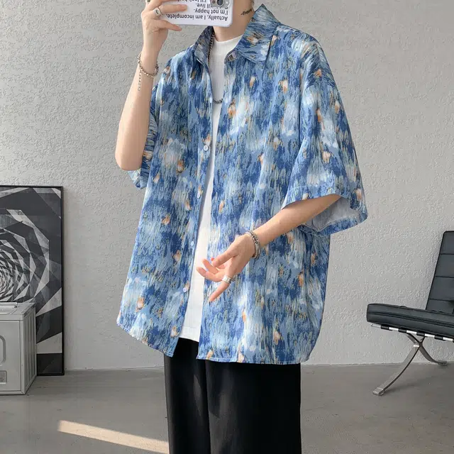 北欧攻略 高级感垂感飘逸冰丝顺滑短袖衬衣外套宽松大码加肥加大痞帅显瘦松弛感港味衬衫 男女同款