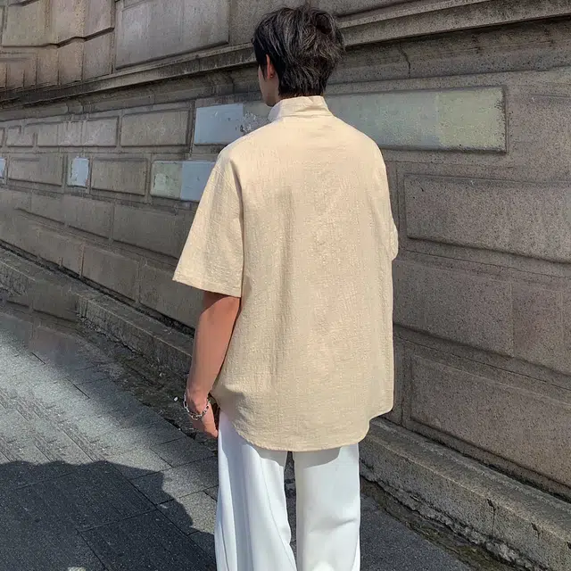 北欧攻略 小众设计夏季薄款冰丝肌理感棉麻衬衣休闲半袖老钱风外套新中式立领休闲舒适短袖衬衫 男女同款