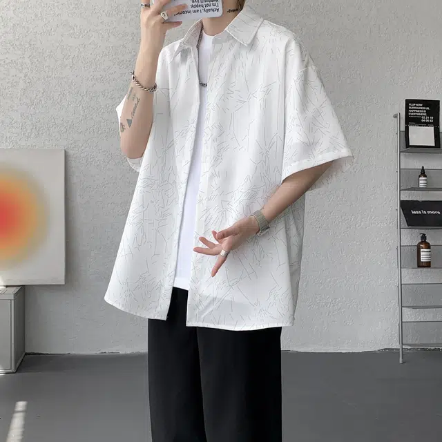北欧攻略 高品质裂纹印花垂感顺滑飘逸亲肤透气松弛感痞帅宽松特大码胖人休闲通勤显瘦翻领短袖衬衫 男女同款