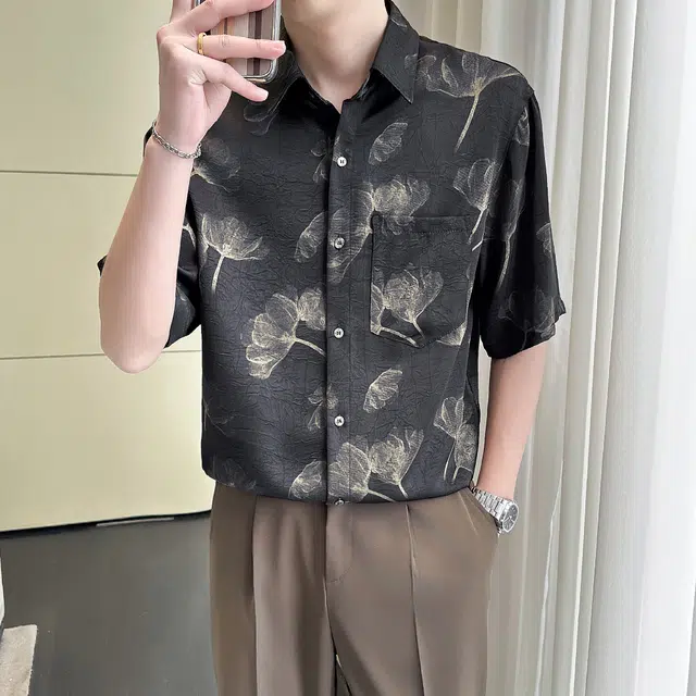 北欧攻略 高级感轻熟风冰丝缎面抓花烫金工艺冰丝中袖衬衣外套垂感亲肤舒适顺滑翻领短袖衬衫 男女同款
