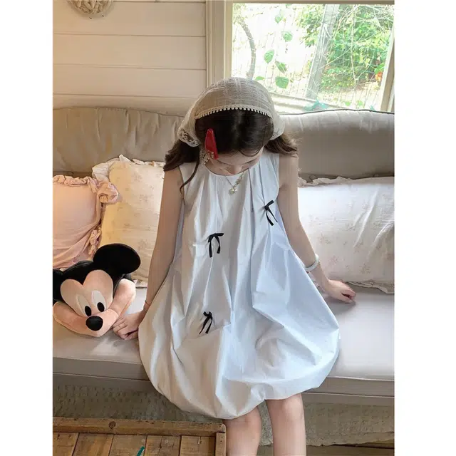 依钗 小众设计学院风蝴蝶结花苞显高短裙夏季女装小个子专属无袖连衣裙 女款