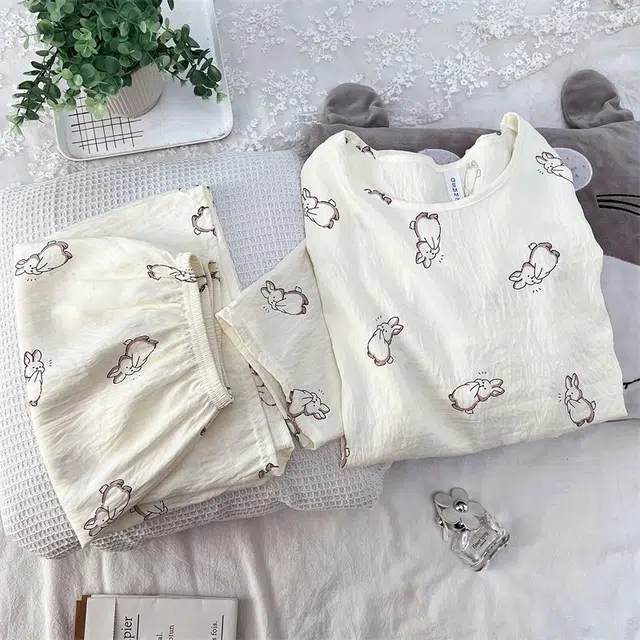 俏韵 圆领卡通兔子夏季云朵棉甜美可爱短袖短裤舒适薄款家居服可外穿睡衣套装 女款